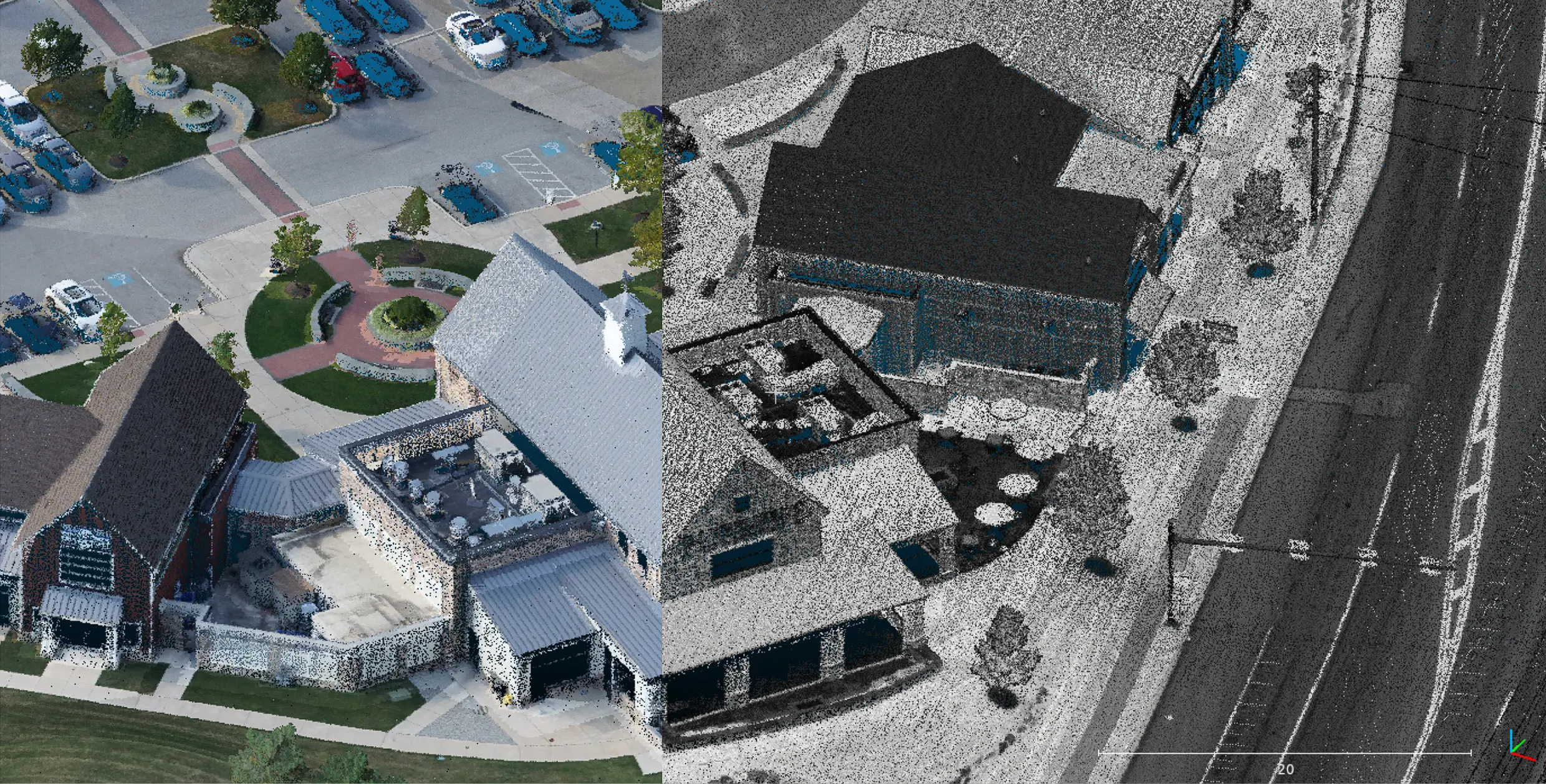 View of LiDAR + Imagery project RGB and intensity views showing how LiDAR and photogrammetry work together to get the most detailed results.