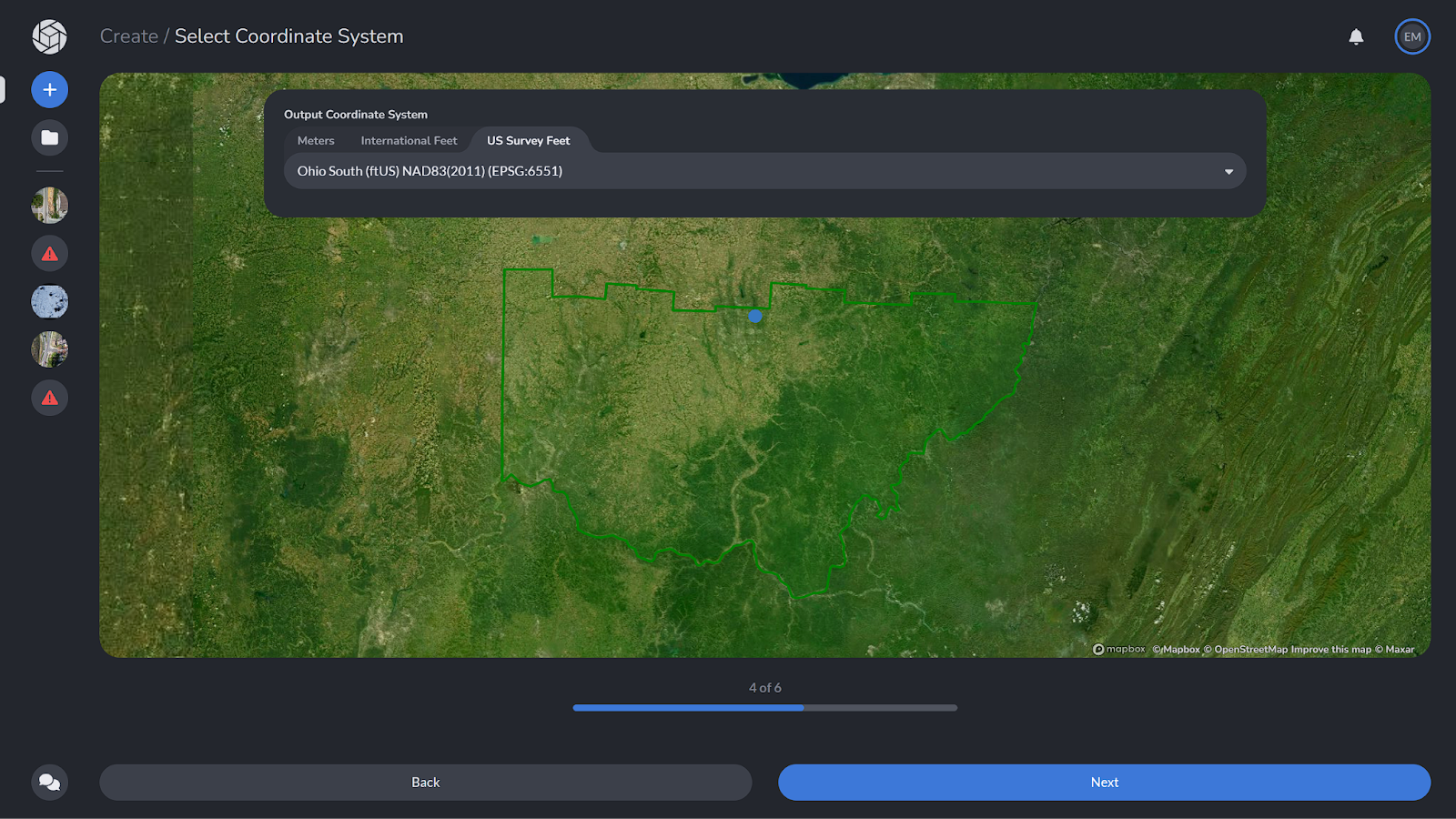 PixElement Create Page - Coordinate System Selected