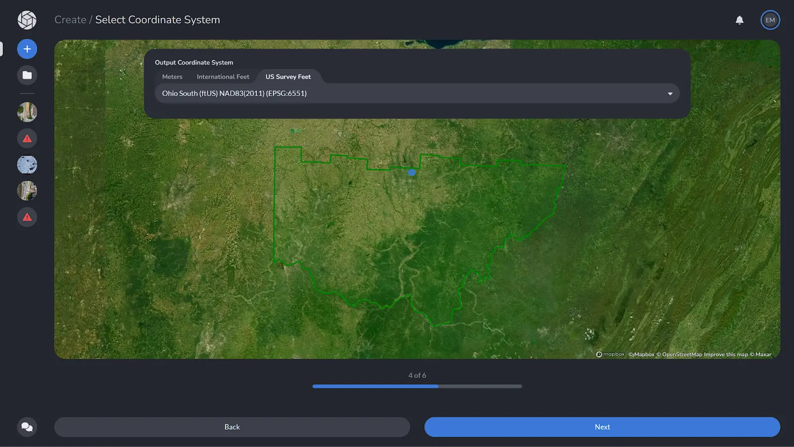 PixElement Create Page - Coordinate System Selected