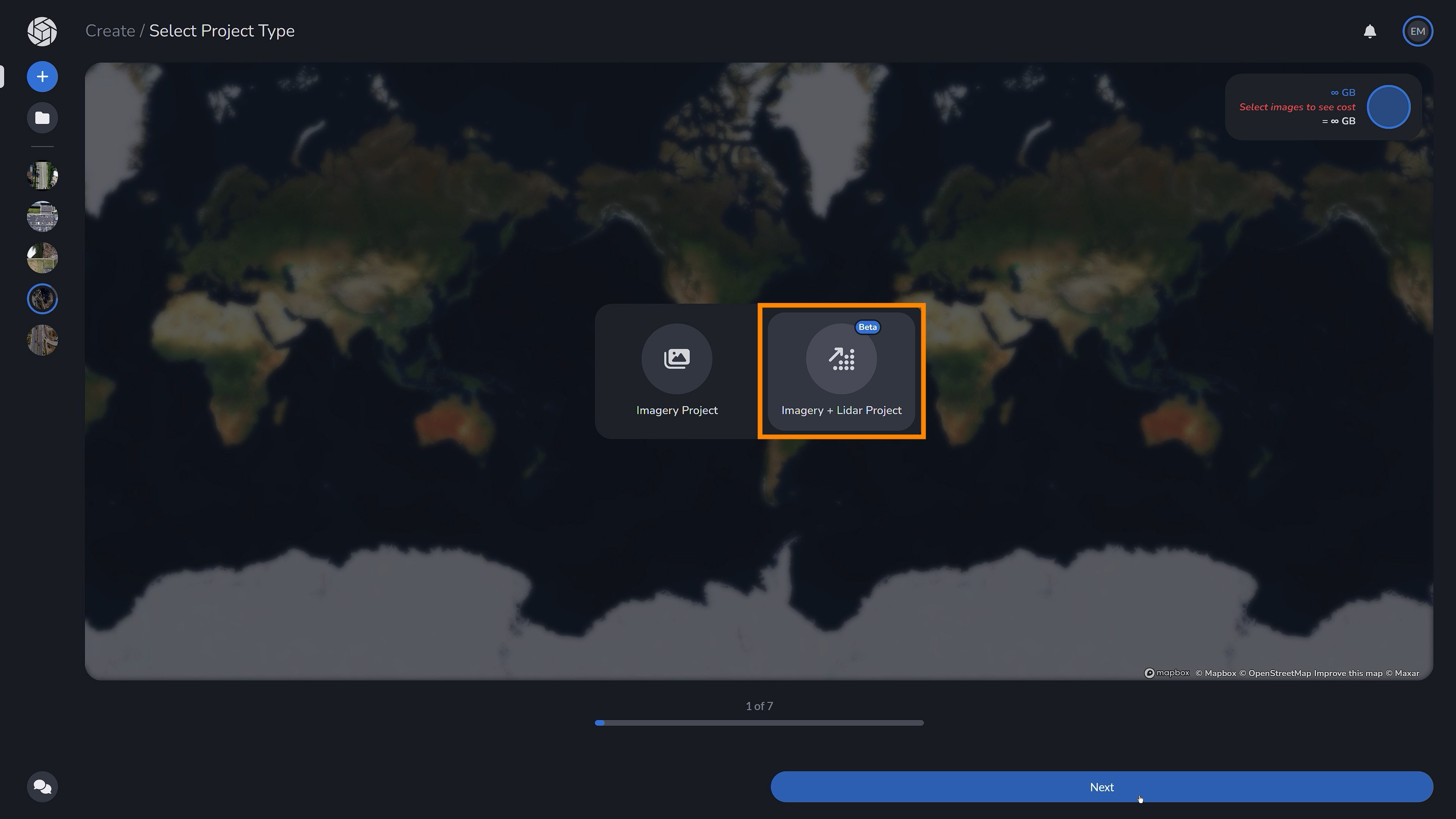 PixElement Create Page - Select Imagery + LiDAR Project Type