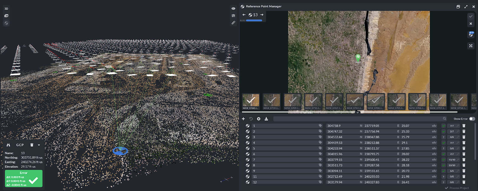 View of PixElement’s Reference Point Manager for connecting reference points to photos taken.