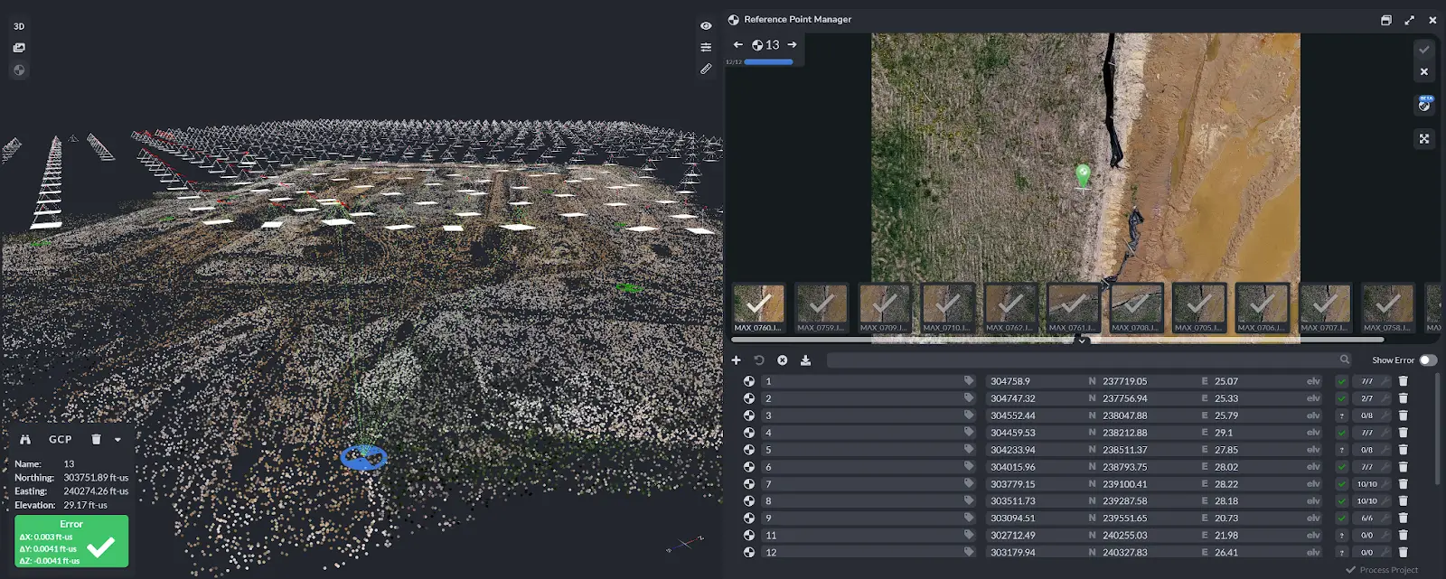 View of PixElement’s Reference Point Manager for connecting reference points to photos taken.