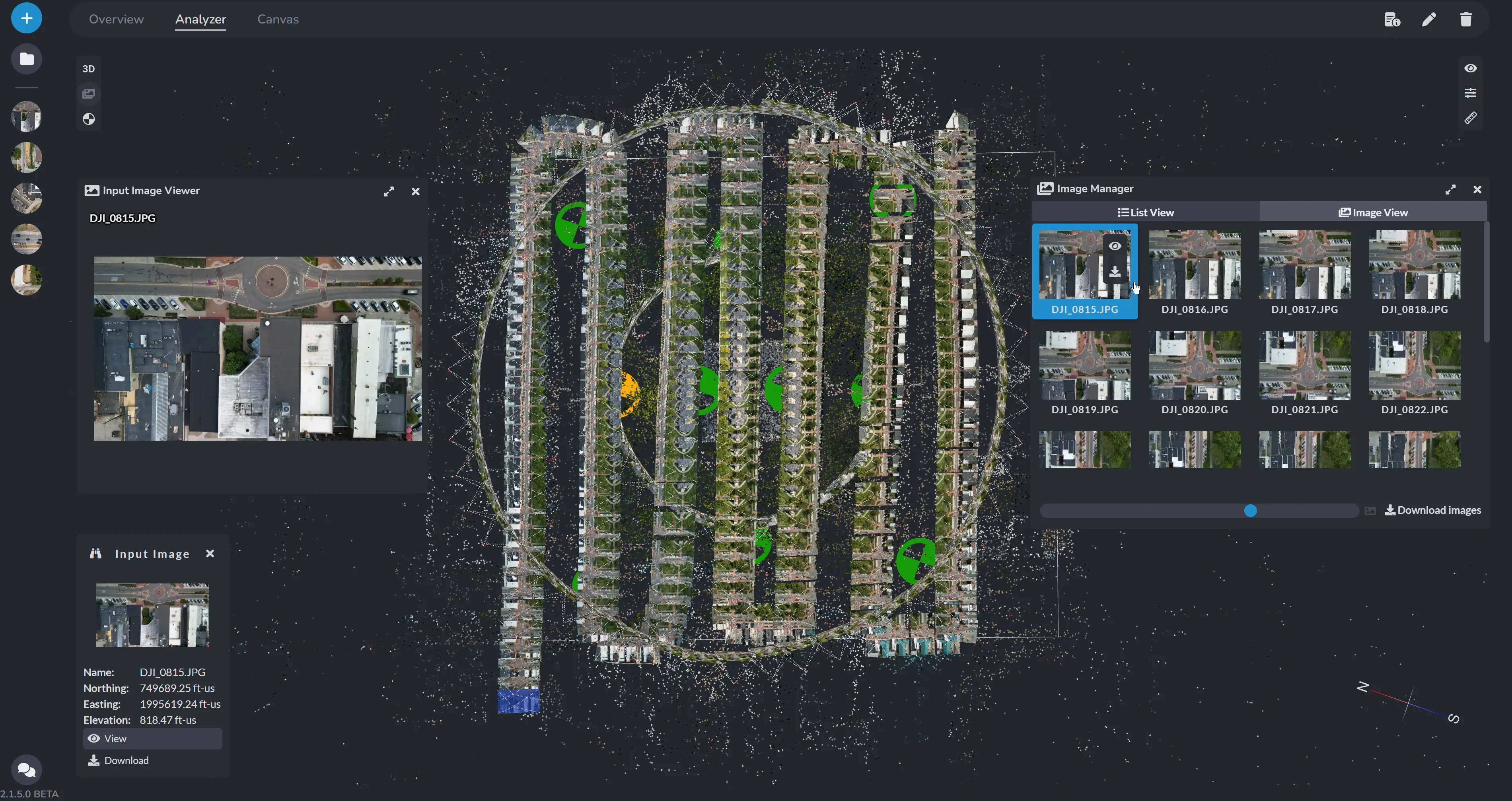 PixElement software with sparse point cloud, photo viewer and flight path