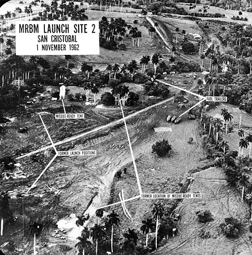 Aerial photograph of Soviet Union ballistic missiles in Cuba (1962). (US National Archives)