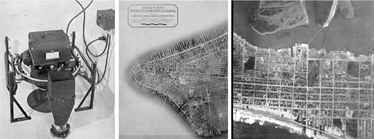 Left: Fairchild Aerial Camera. Center: Lower Manhattan Island via 100 photographs at 10,000 ft. Right: Ocean City, New Jersey, 1920.