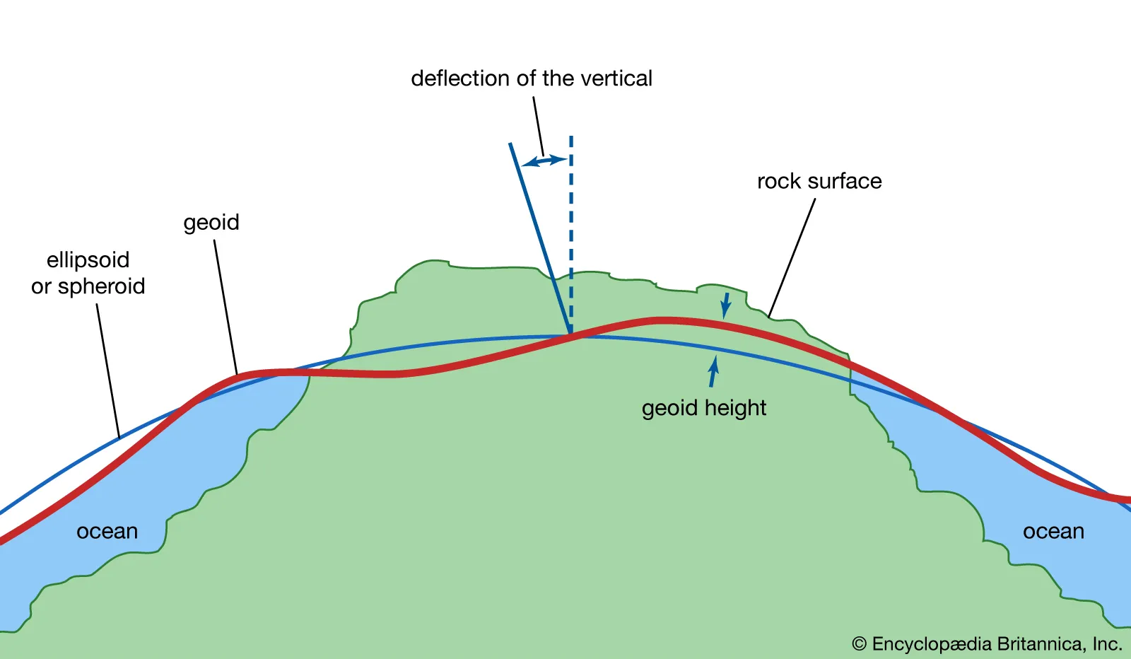 Diagram comparing the ellipsoid, geoid, and surface of Earth and showing the deflection of the vertical