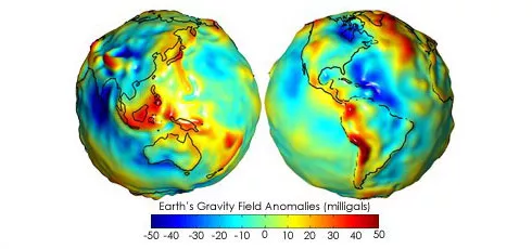 Diagram showing Earth's gravity field anomales in milligals