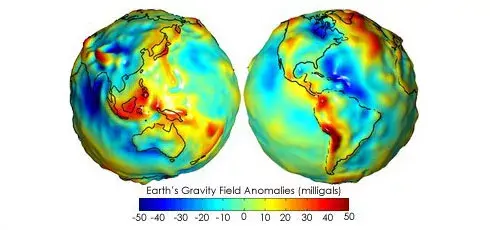 Diagram showing Earth's gravity field anomales in milligals