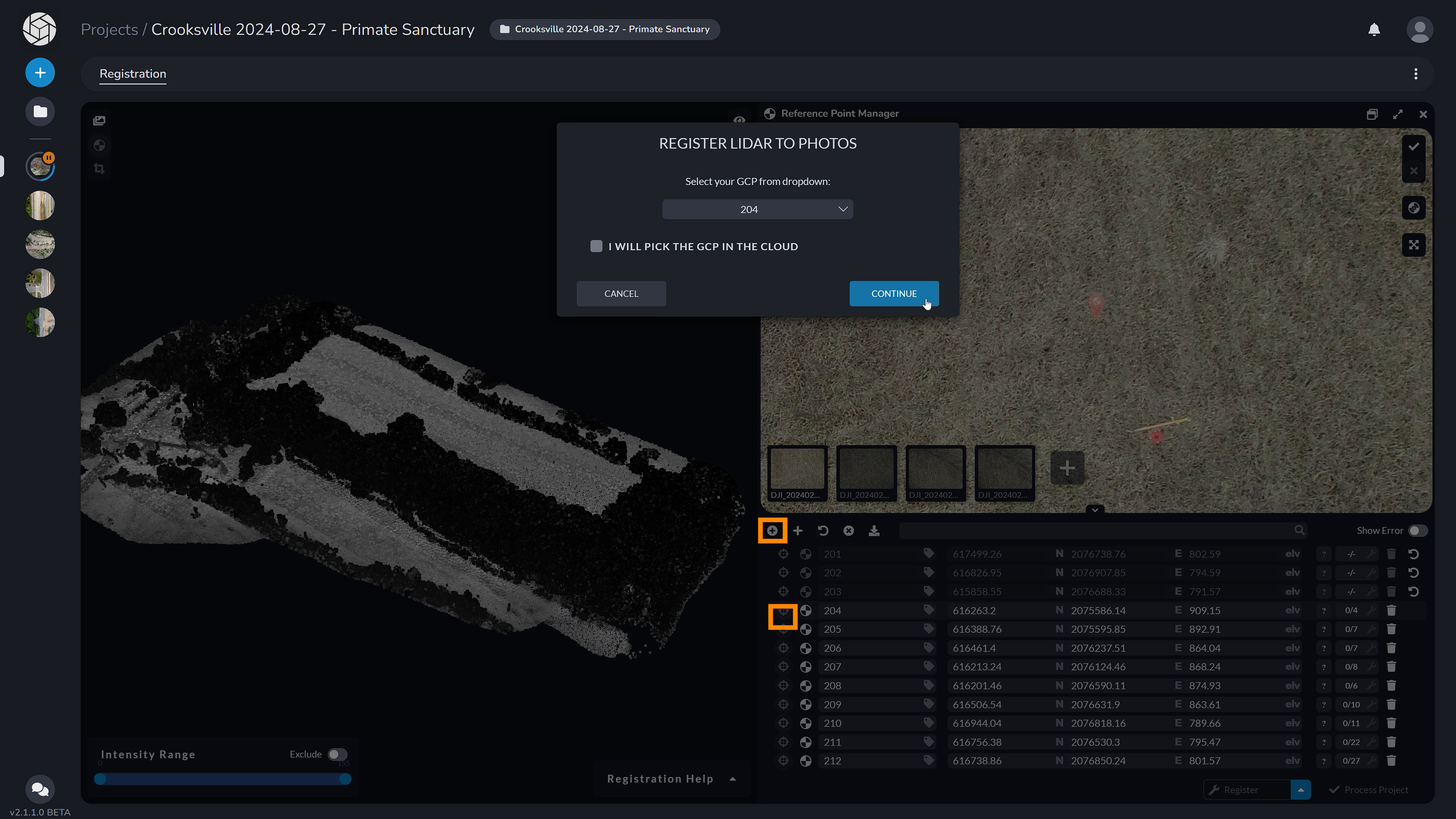 PixElement Lidar Registration - Choose GCP from dropdown