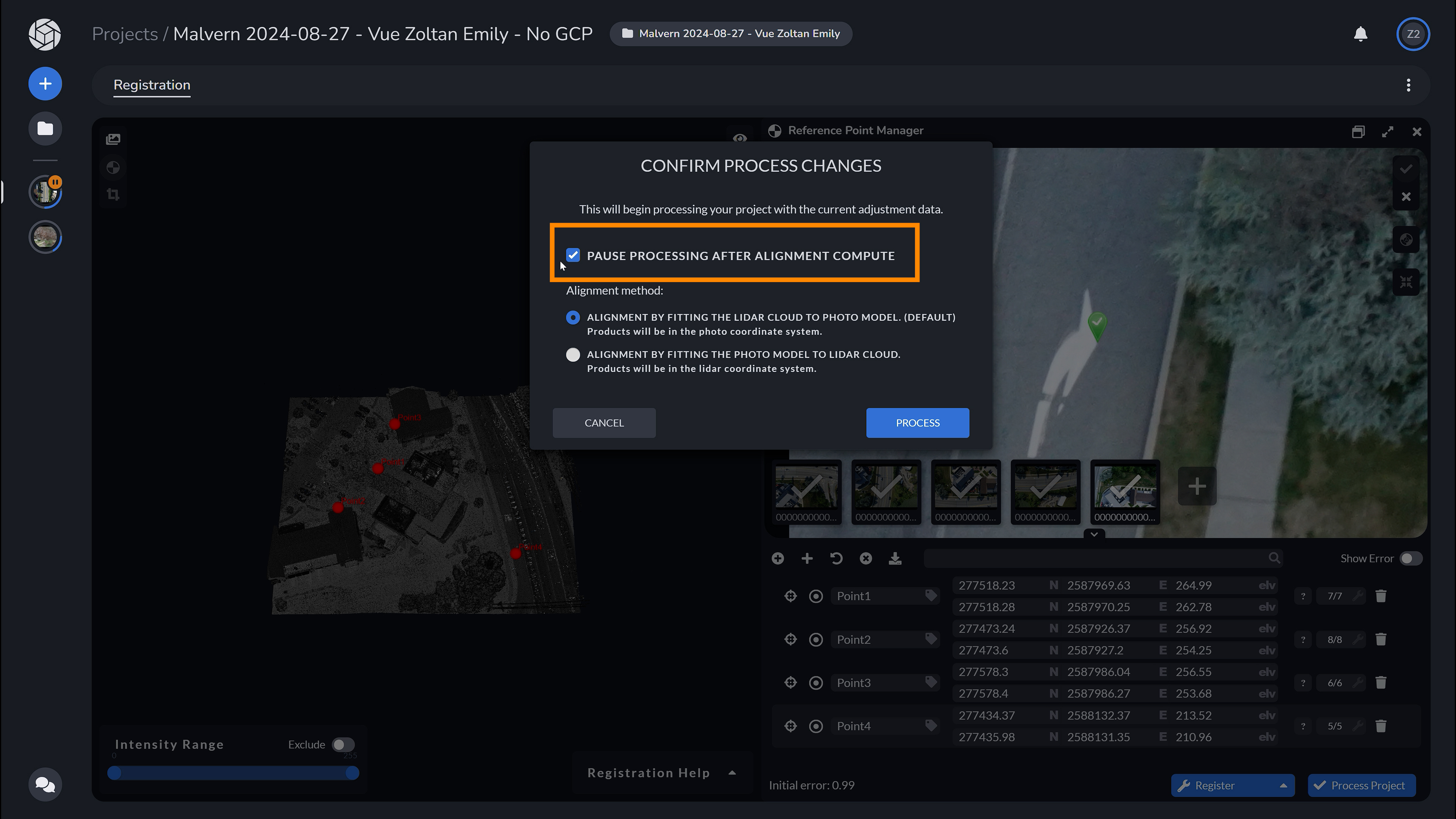 PixElement Lidar Registration - Pause processing after alignment