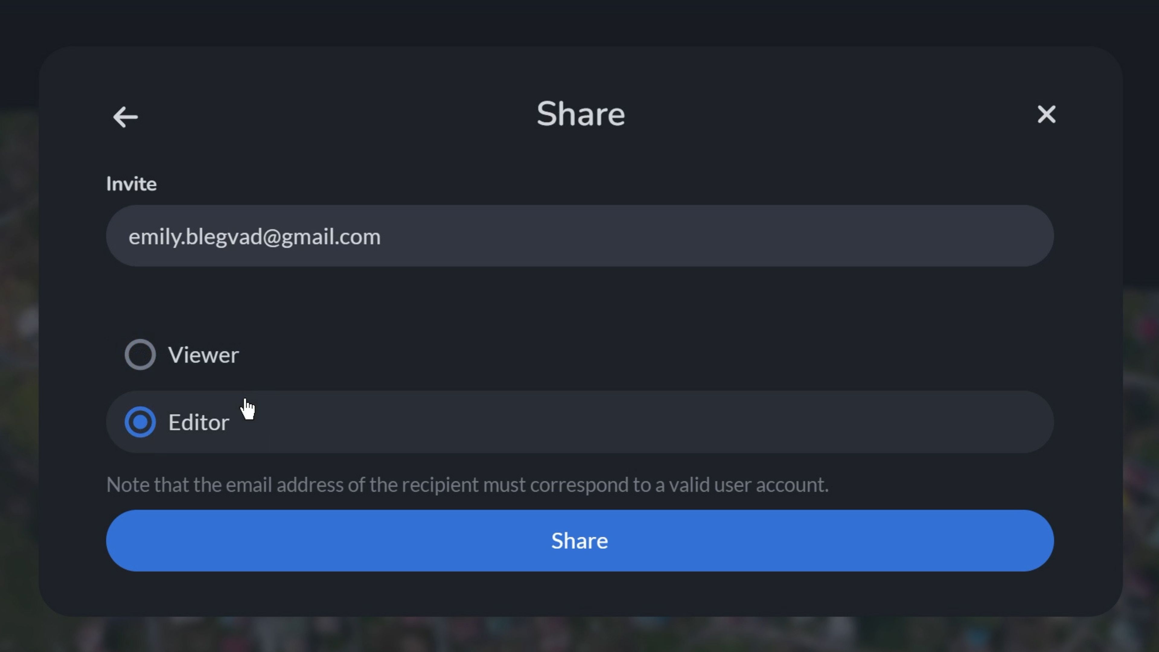 Share project with email as viewer or editor