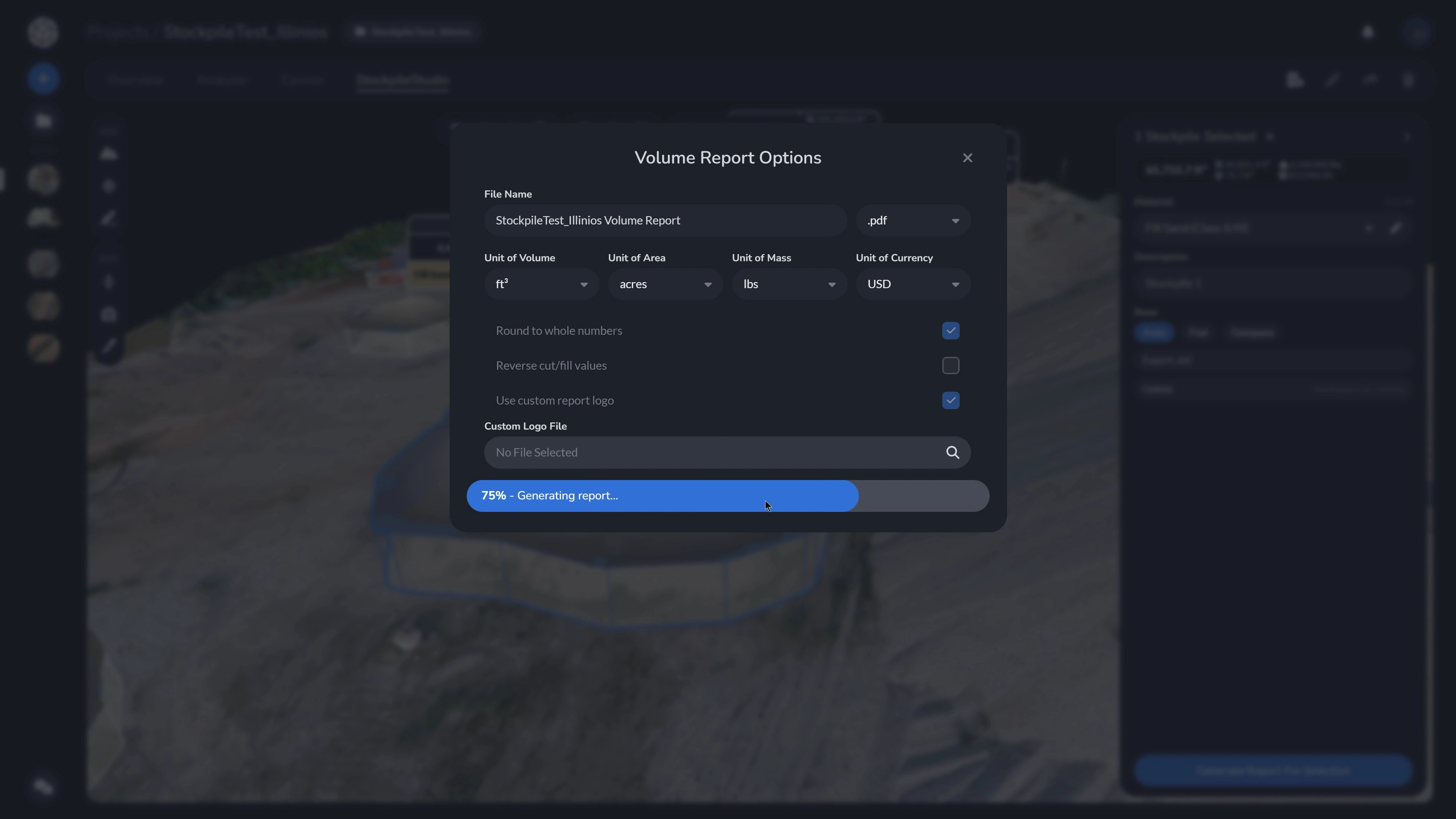 Available export options for volume reports